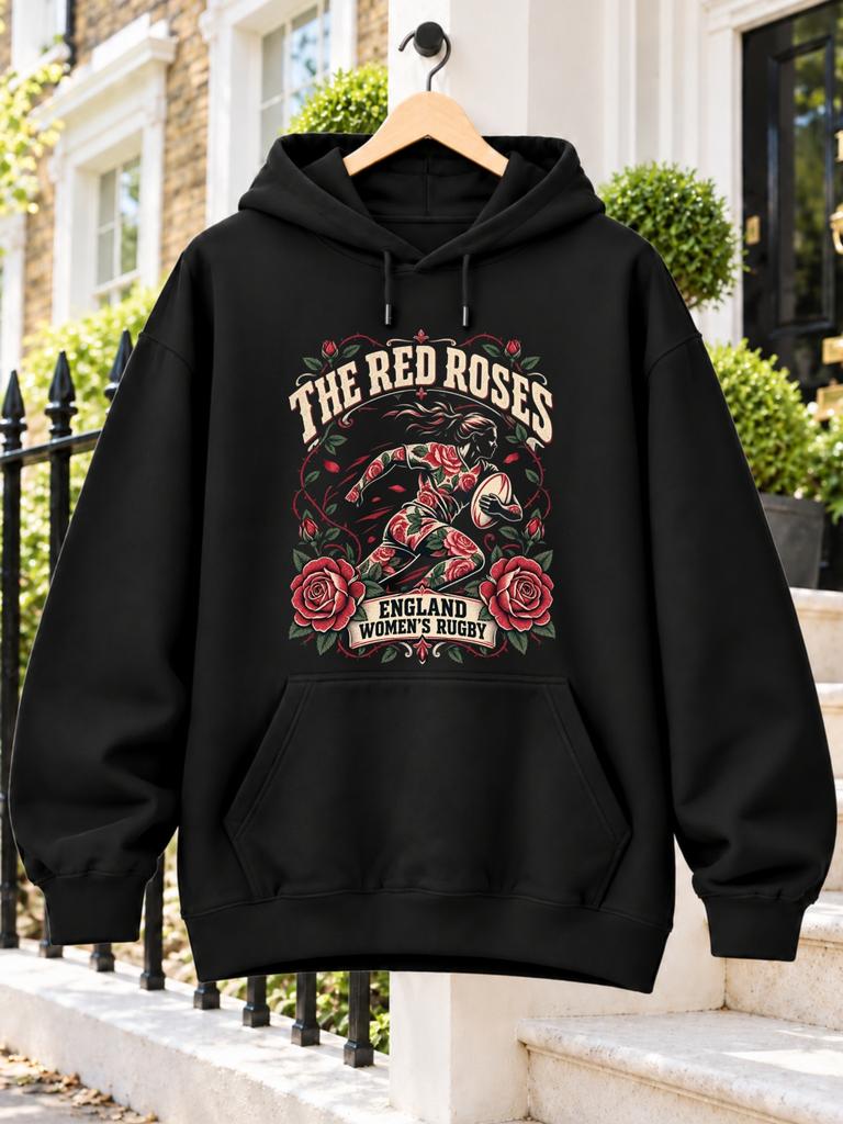 Sweatshirt with The Red Roses England Unisex Rugby Lettering Featuring a Running Rugby Player, Ball, Red Roses, And Winding Vines, Centered Front Pri