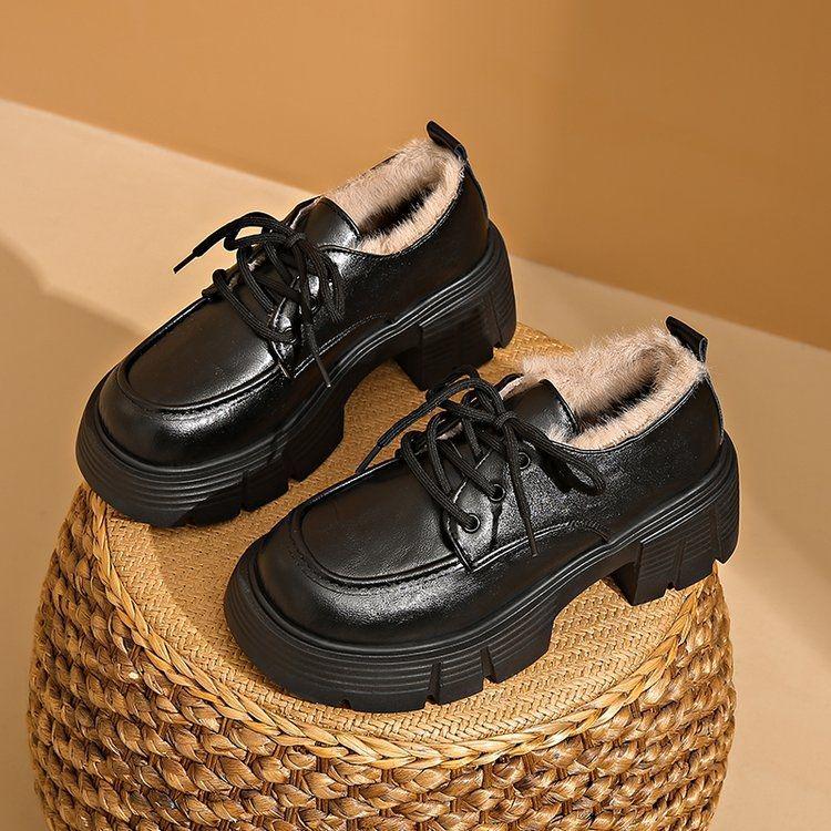 Бархатные черные лоферы на массивном каблуке в стиле ретро - Обувь на платформе для увеличения роста на осень и зиму 35 4270₽