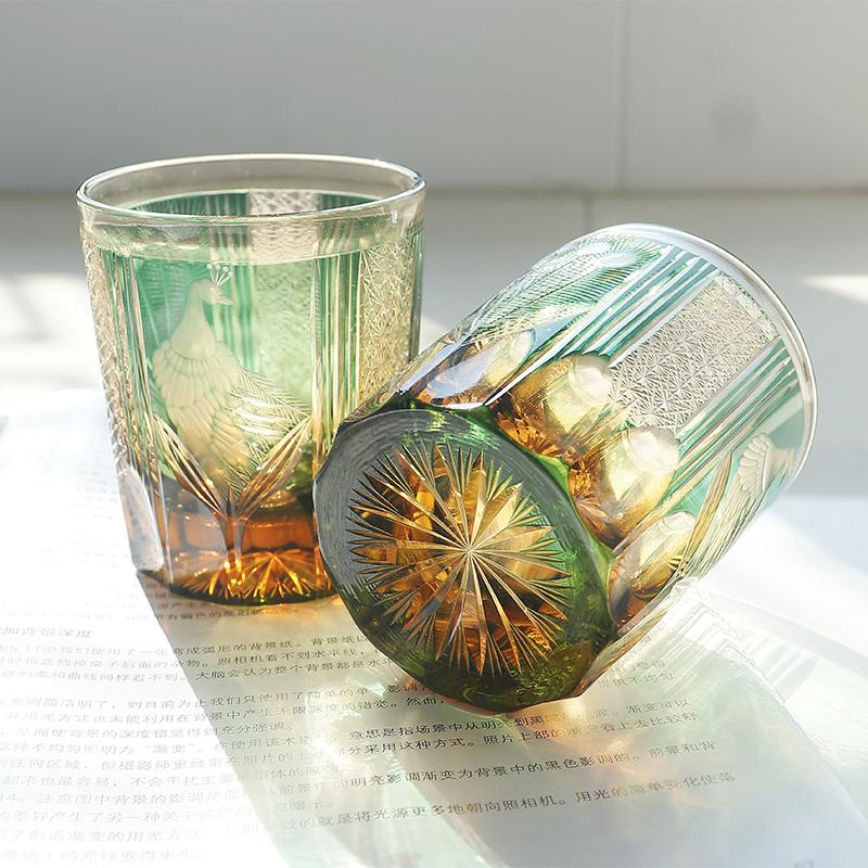 

Handmade Luxury Japanese Style Blue Whiskey Glass Hand Carved Peacock Edo Kiriko Glass Tumbler In Individual Gift Box 240ml