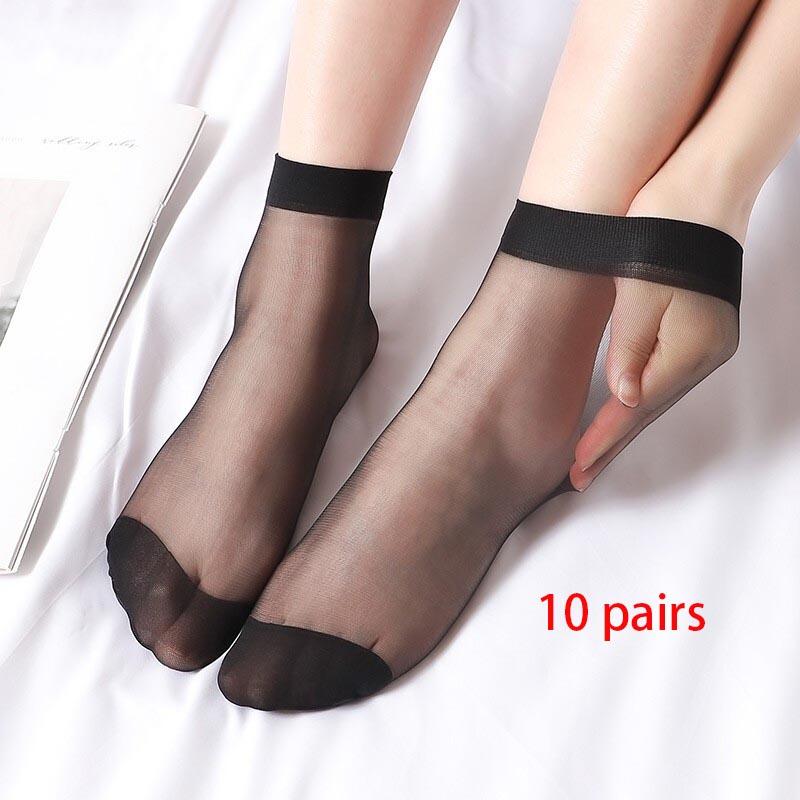 10 Paar/Los Schwarze Hautfarbe Transparente Dünne Damen Kristallseide Socken Nylon Mode Damen Sommer Kurze Knöchelseide Socken