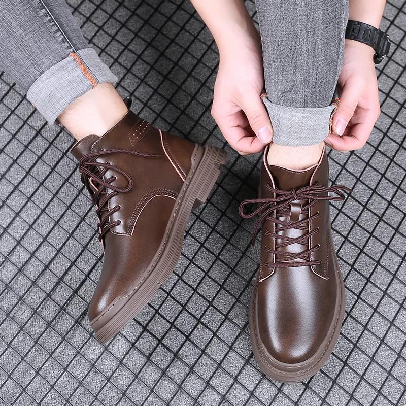 Autumn and Winter Men's Leather Boots High-top Work Shoes Plus Velvet To Keep Warm Non-slip Wear-resistant Mens Motorcycle Boots
