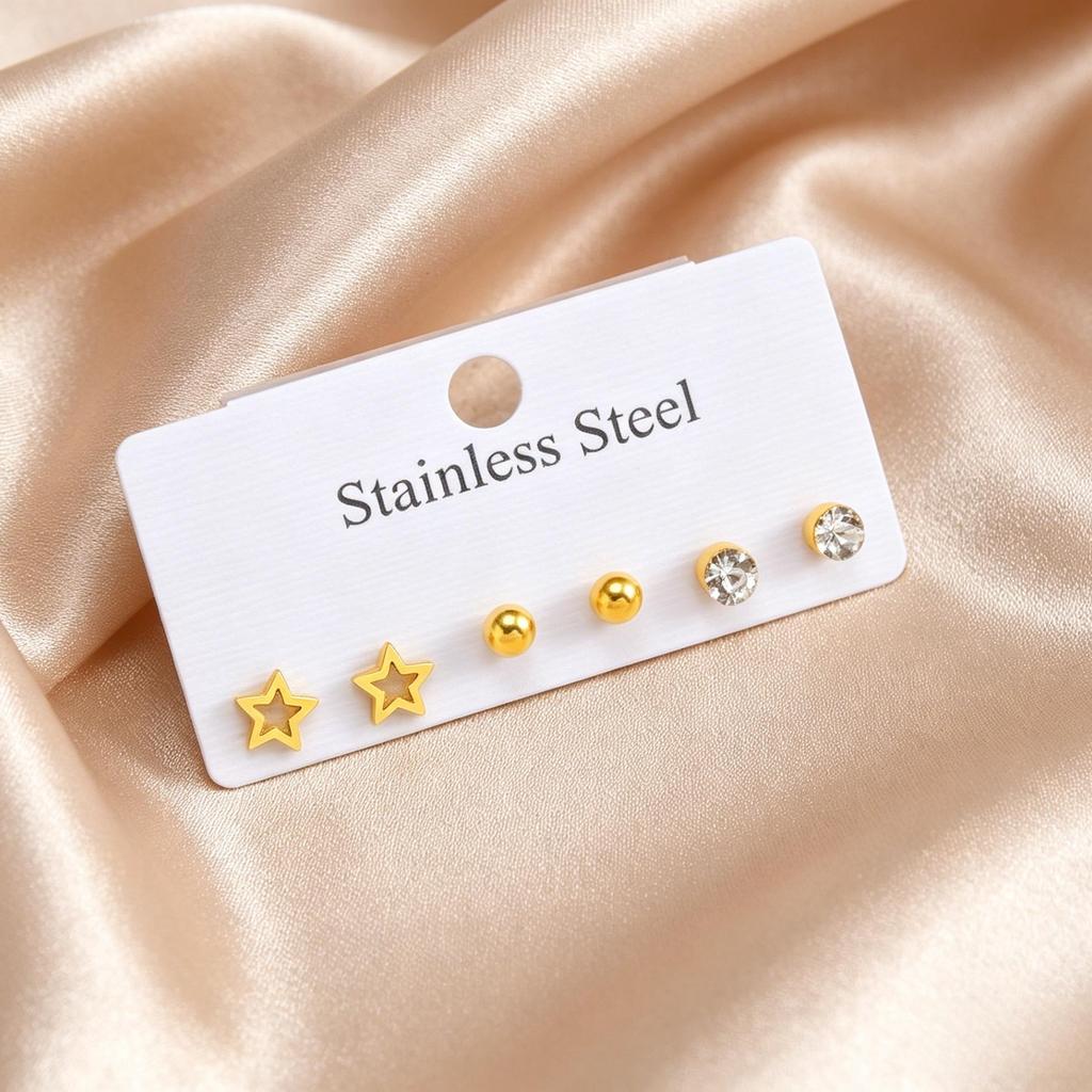 3 Paar Set Ohrstecker Edelstahl Herz Stern Schmetterling Mond Kirsch Klee Zirkonia Piercing Schmuck für Damen Anlaufgeschützt