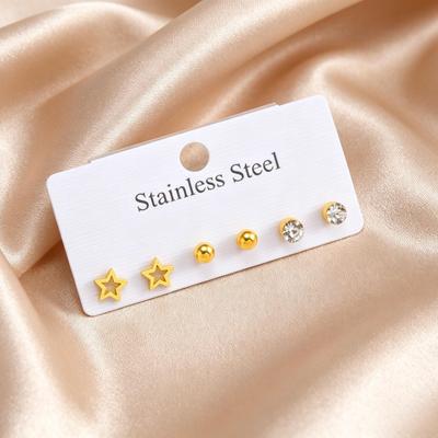 3 Pairs Set Stud Earrings Stainless Steel Heart Star Butterfly Moon Cherry Clover Zircon Piercing Jewelry for Women Non-Tarnish