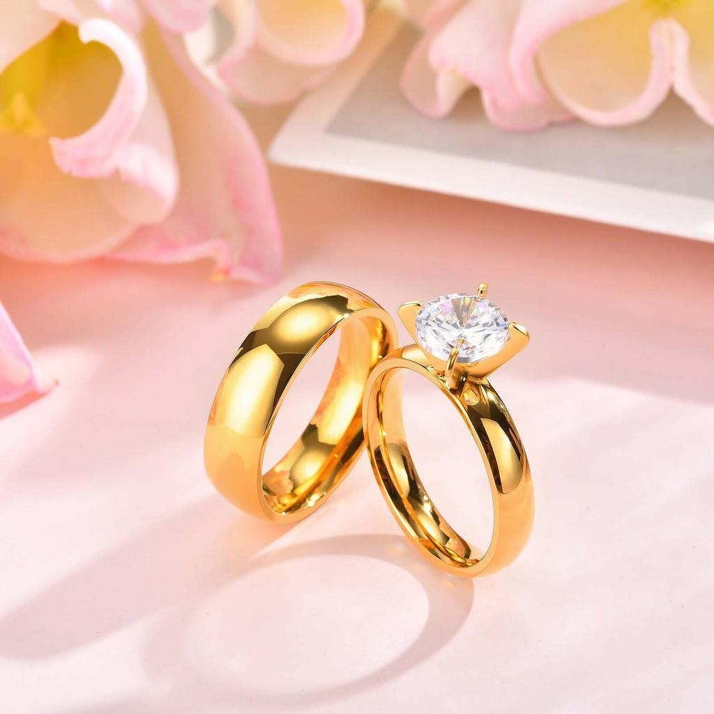 Round Brilliant Cubic Zirconia CZ Wedding Engagement Ring for Lovers, Promised Stainless Steel Pink Jewelry