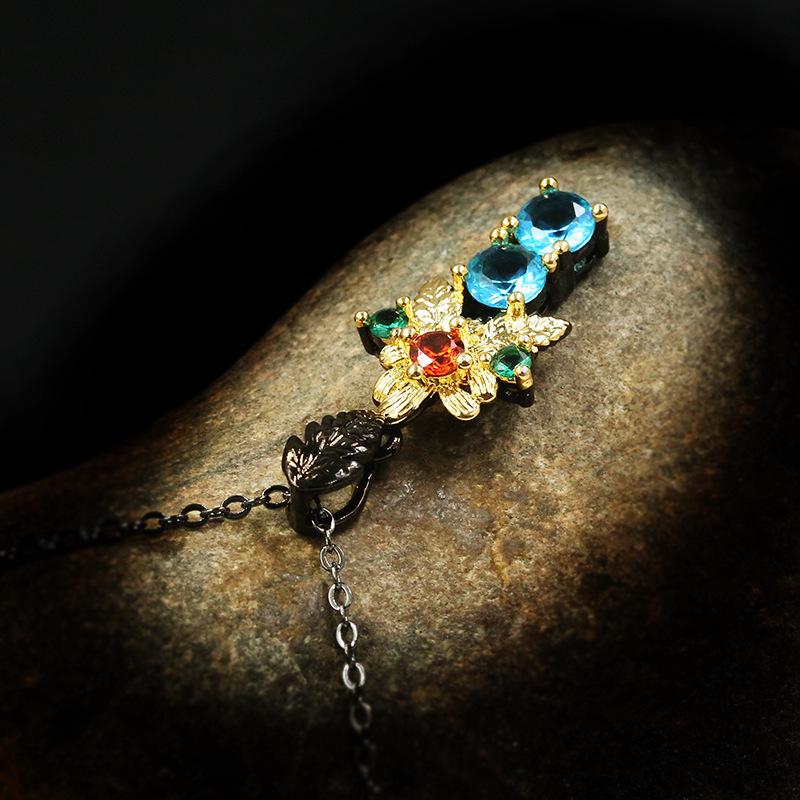 Schwarz Gold Schmuck Schlüsselbein Schmuck Pullover Kette Blau Zweifarbig Blume Halskette Vielseitig Silber Bronze