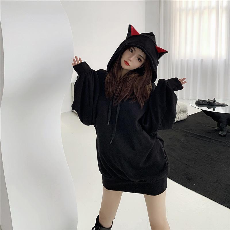 Women Hoodies Y2K Top Loose Lazy Style Plus Velvet Thick Black Mid-length Pullover Hooded Sweater Jacket Women's Clothing