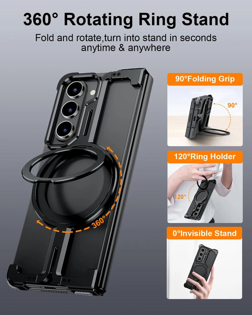 Oatsbasf Metal Magnetic Phone Case for Samsung Galaxy Z Fold 7 with Stand 360°Rotating for Magsafe Wireless Charging Frameless