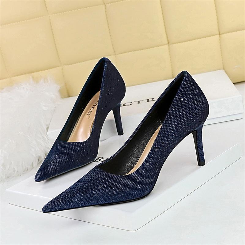 Versatile Style Fashion Women Bling Party Pumps Thin Super High Heel Shallow Mouth Pointed Toe Corduroy Wedding Single Shoes