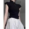 Women's Spring Chinese-Style Slim Fit Buttoned Short-Sleeve T-Shirt with Stand Collar and Ruffle Sleeves