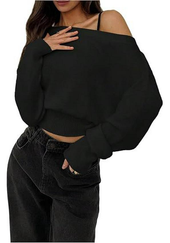 2026 Autumn/Winter European American Off-Shoulder Knit Sweater - Women's Solid Color Pullover, Long Sleeve Top