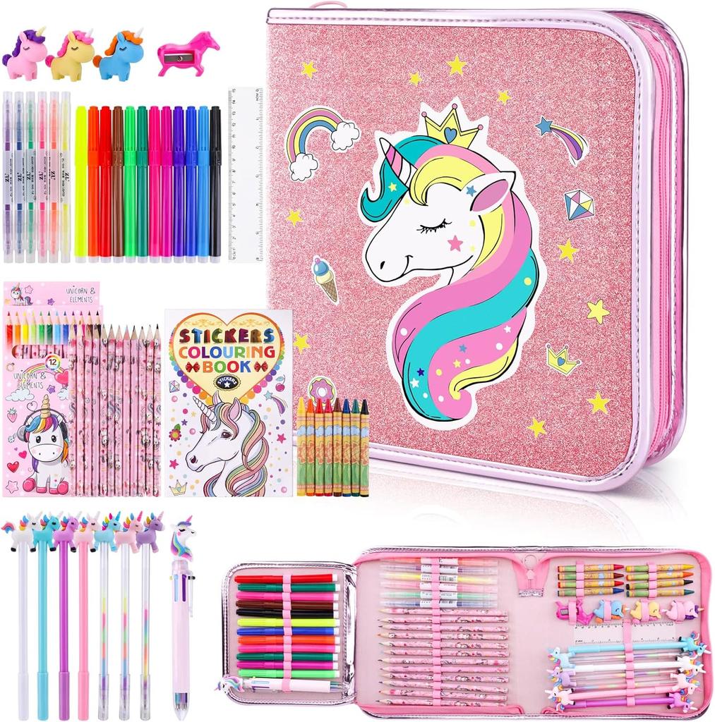 53/56PCS Stationery Sets for Kids Coloring Drawing Kits with Unicorn Pencil Case Fruit Scented Markers Crayon Set Back to School