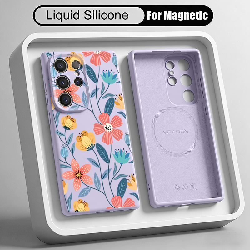 White Flowers Print Case For Samsung Galaxy S26 S25 Ultra S24 Plus S23 S22 Ultra Magnetic For Magsafe Liquid Silicone Cover