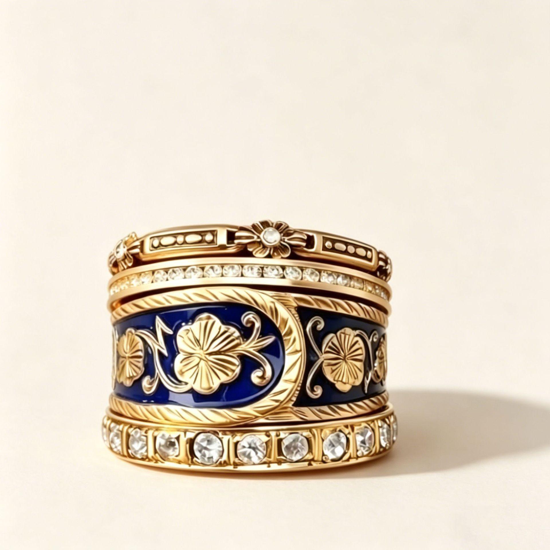 Yanbai Retro Bohemian Enamel Blue Wide Band Ring with Copper Micro-inlaid Zircon Size 10