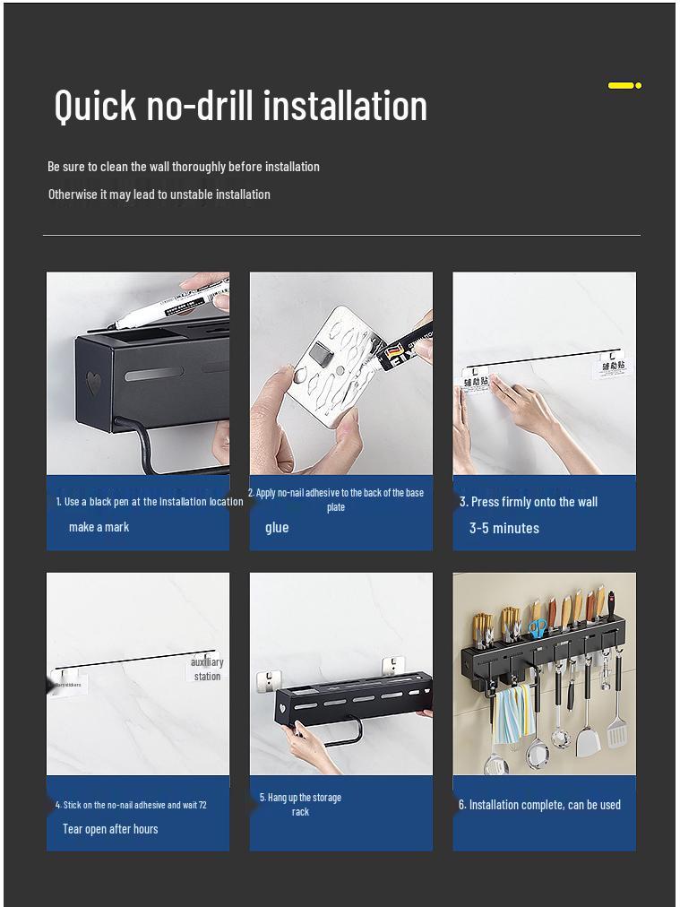 Wall-Mounted Carbon Steel Multifunctional Knife and Cutlery Storage Rack, Punch-Free Installation