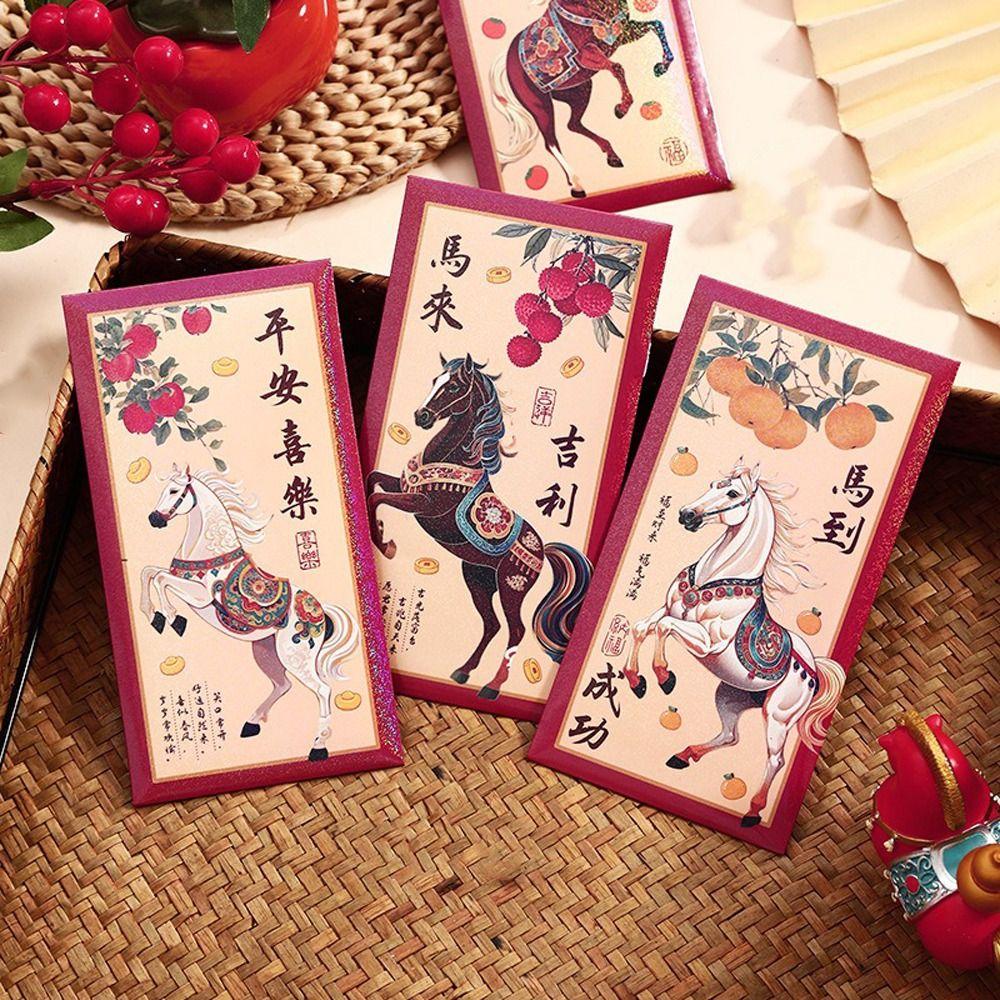 6pcs Chinese Style 2026 Horse Year Red Envelopes Traditional Thickened Lucky Money Envelopes HongBao Blessing Red Packet