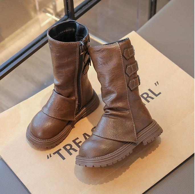 

Girls Mid-calf Boots Children Long Boots Simple Thick Bottom Classic Kids Catwalk Leather Boots Winter 26 коричневый