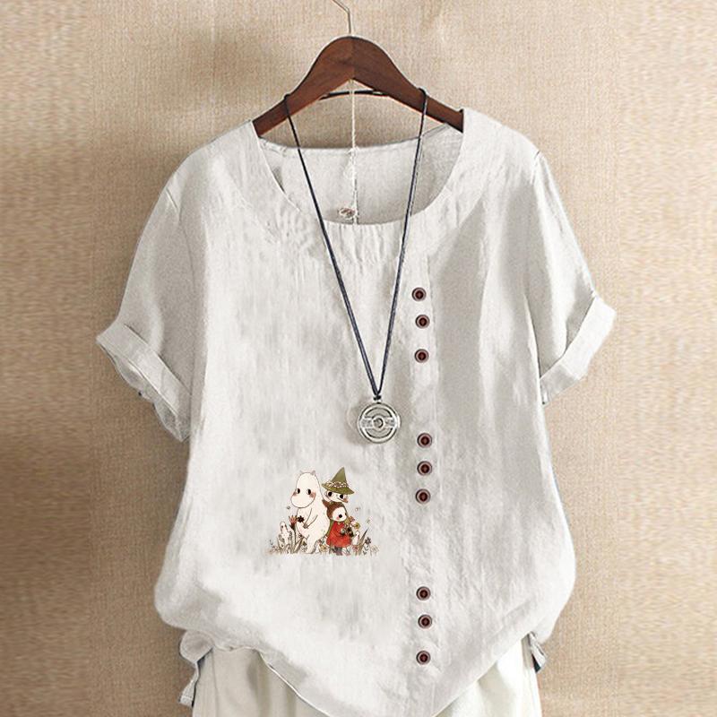 Women's Fashion Round Neck Short Sleeve T-shirt Casual Cotton Linen Graphic Shirt Leisure Loose Pluck Flowers Prined Summer Blouse Tops