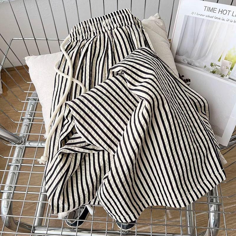 Spring/Summer 2026 Women's Wide-Leg Vertical Stripe Pants - Elastic Drawstring, Loose Fit, Versatile Texture, Slimming Design