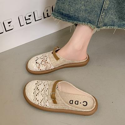 Chaussures pour Femmes 2025 Nouvelles Lin Respirant Extérieur Pantoufles pour Femmes Mode Plates avec Baotou Découpe Solide Pantoufles Modernes
