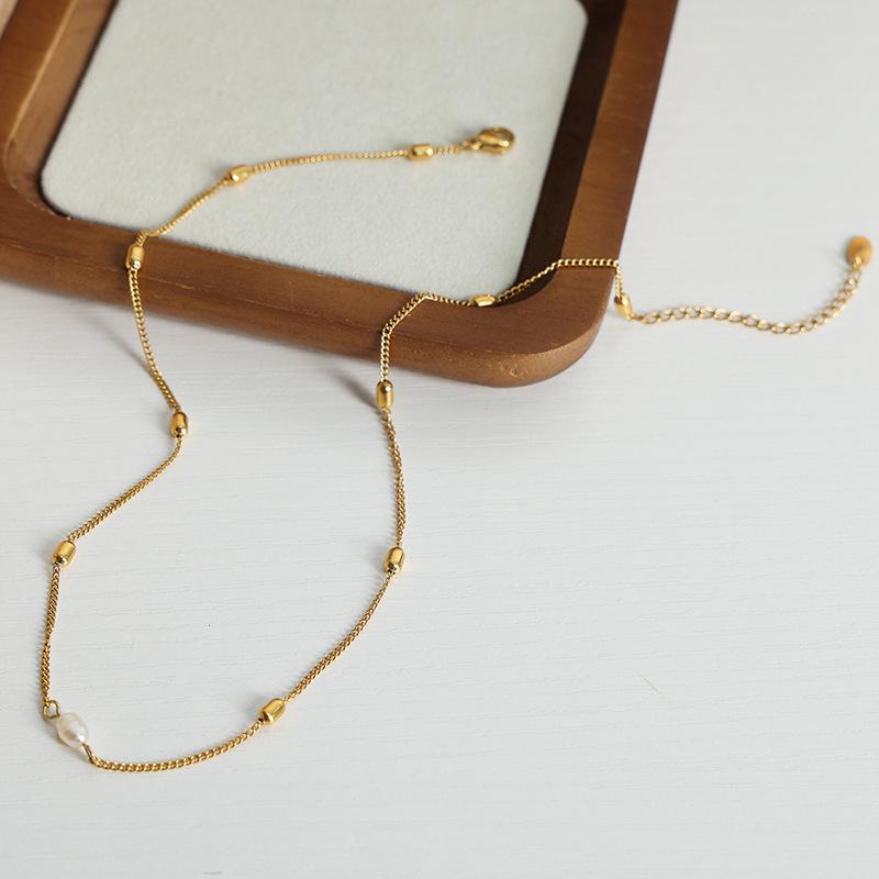 Exquisite Temperament 18k Gold Bead Chain Pearl Necklace with Titanium Steel Side Clip