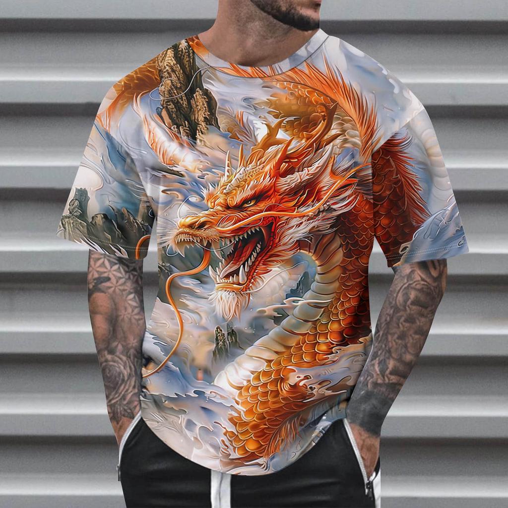 Animal  Dragon Pattern 3D Print Round Neck Short Sleeve Men's T-shirts Oversized Harajuku Tops