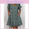 V Neck Floral Print Summer Dress With Flared Skirt For Women