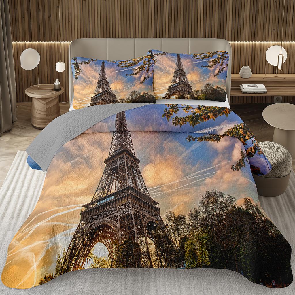 Eiffelturm Tagesdecke Vintage Paris Stadtlandschaft Quilt-Set Doppel-/Queen-Größe, Weiche Leichte Wendbare Tagesdecke für Mädchen Frauen