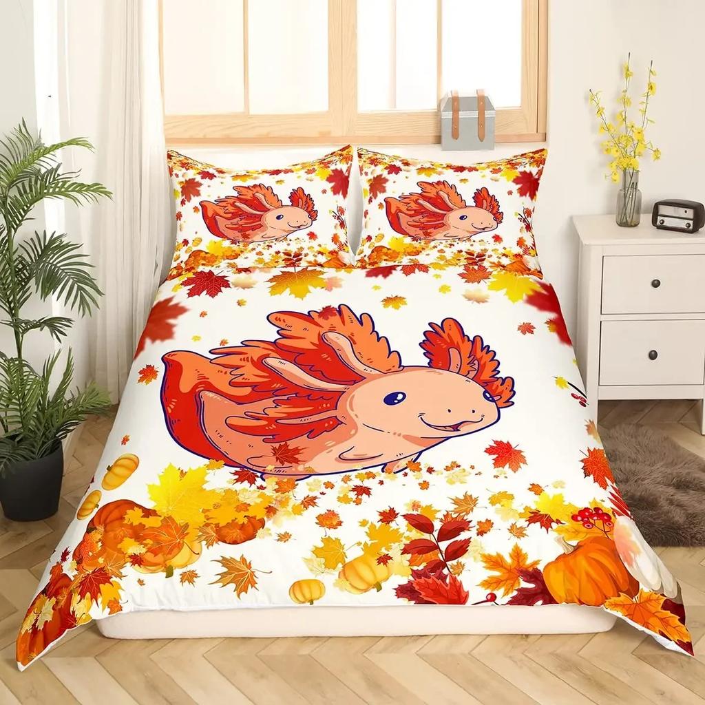 Comforter Cartoon Pink Axolotl Floral King Queen Kawaii Salamander Bedding Set 3D Animal Polyester Comforter