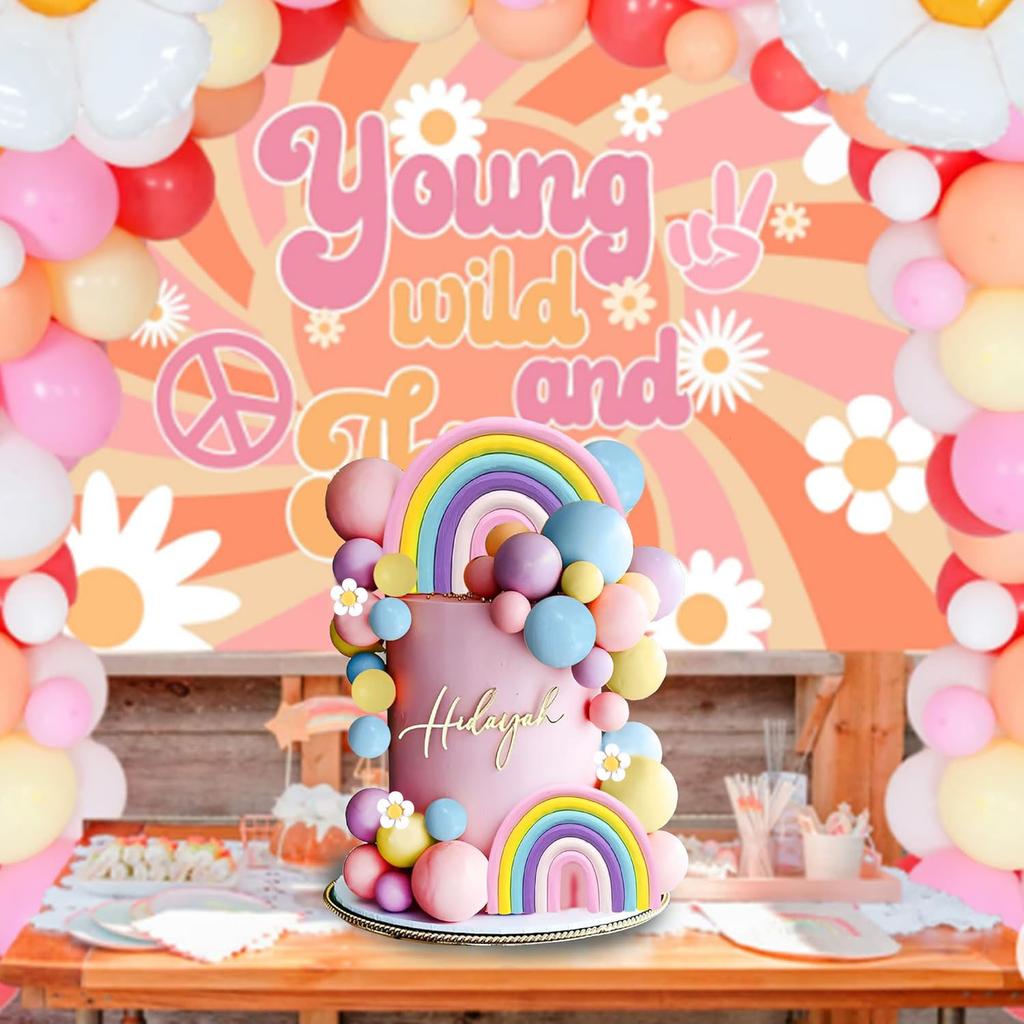 Cake Toppers Boho Cake Topper Hippie Decorations with Flower Rainbow Balls for Girl Birthday Party Boho Groovy Party Supplies