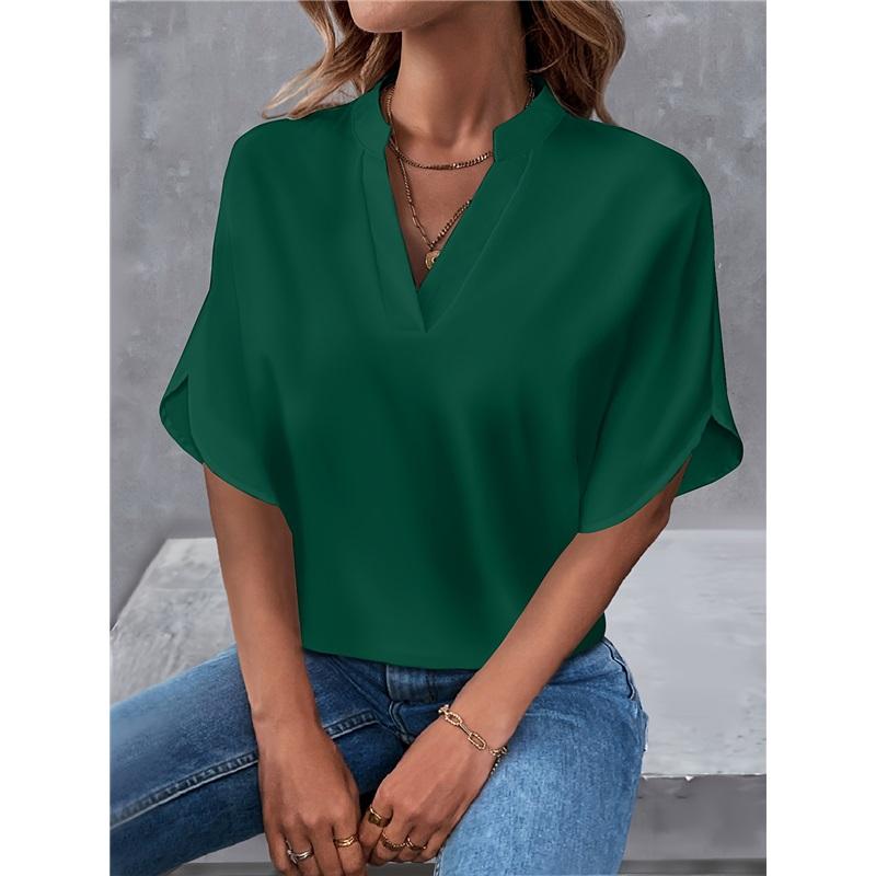 Summer Casual Solid Color V-neck Loose Shirt Blouse Women