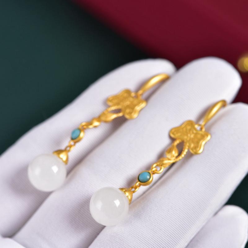 

Lotus Gold-Plated 925 Silver Hanfu Earrings with Inlaid Hetian Jade & Cheongsam Style Certificate 925 Silver