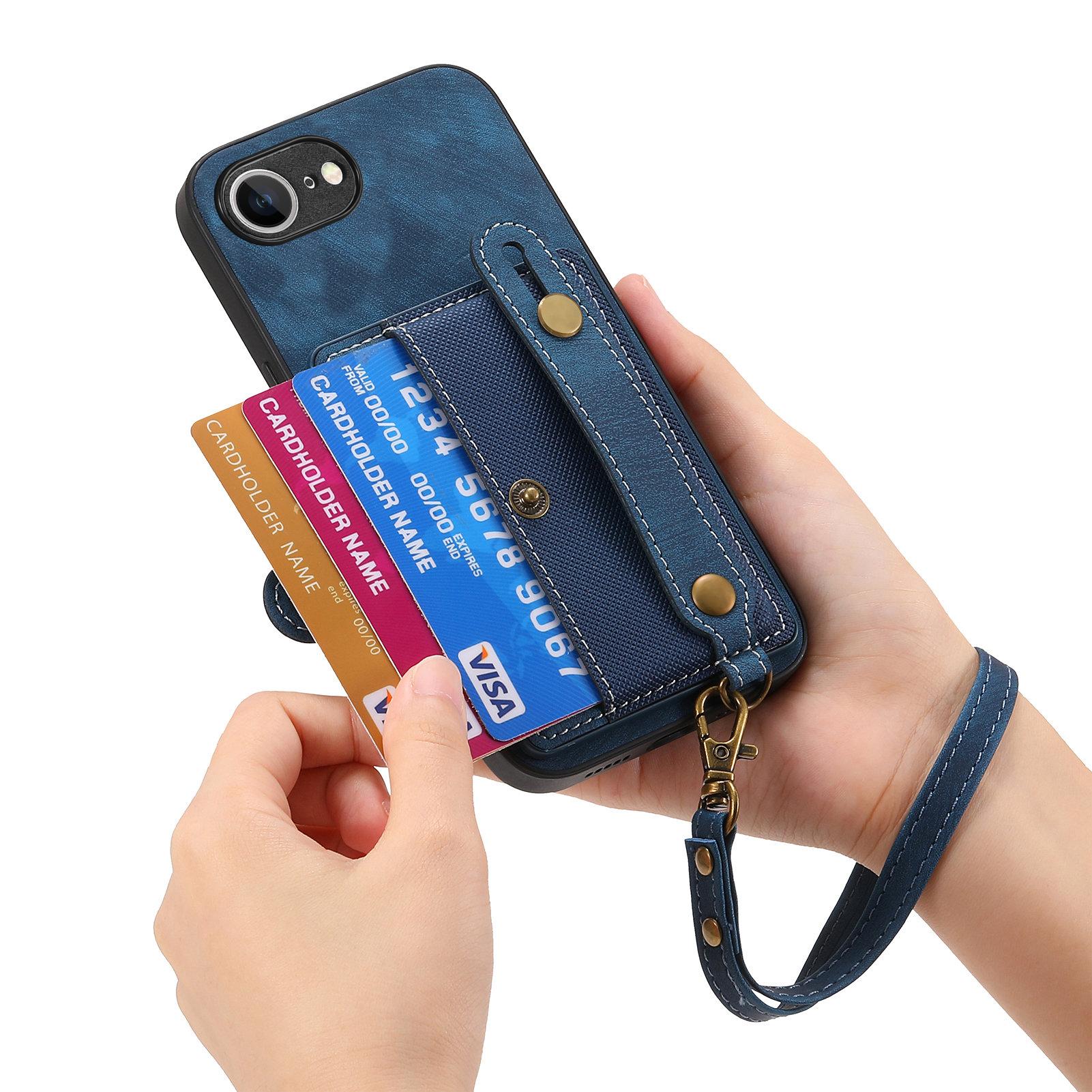 

For iPhone 16e Retro PU Leather Back Cover with Card Holder and Wristband Kickstand Pink