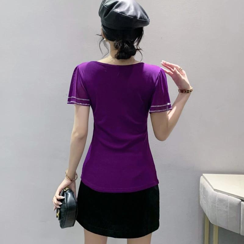 New Summer Women Tops Sexy V-Neck High Stretch Slim T-shirts Female Short Sleeve Mesh Hot Diamonds Tees All Match Casual Blusas