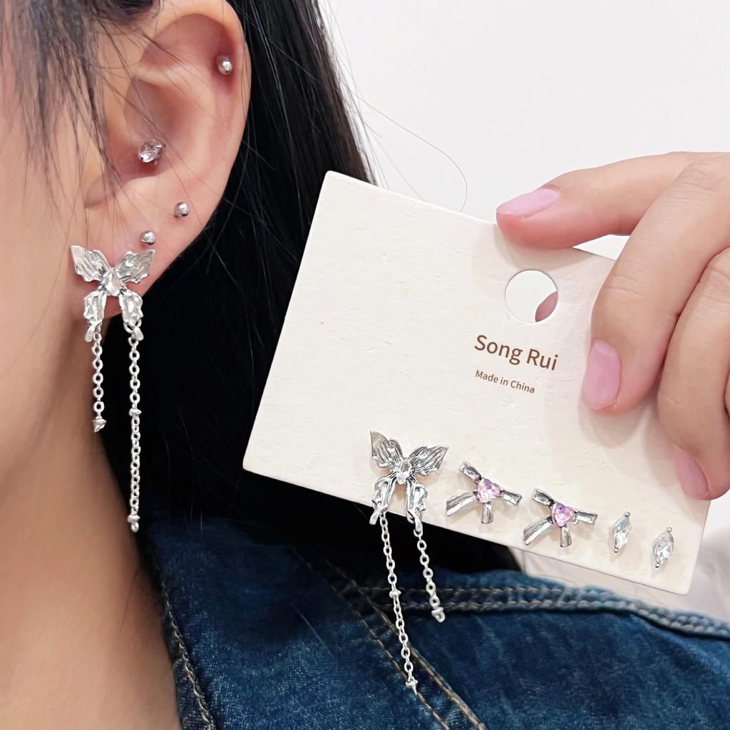 6Pcs Y2K Style Pink Crystal Starry Earrings Set for Women Exquisite Moon Tassel Chain Sweet Planet Accessories Fashion Jewelry