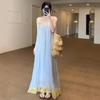 Slack Light Blue Pleated Suspender Skirt Women's Summer Loose and Thin Lace Edge Atmosphere Sanya Seaside Vacation Dress