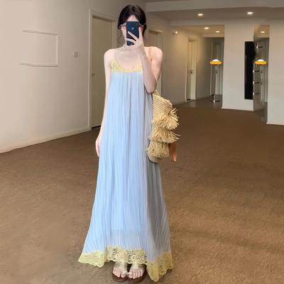 Slack Light Blue Pleated Suspender Skirt Women's Summer Loose and Thin Lace Edge Atmosphere Sanya Seaside Vacation Dress