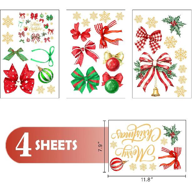 Mfault Merry Christmas Bow Window Clings, Xmas Coquette Ribbon Balls Gold Snowflake Preppy Stickers Decals Decorations, Winter Holiday Holly Berries