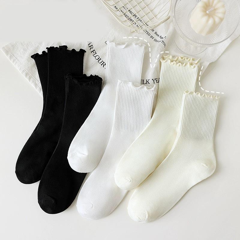 Ruffle Socks for Women 3pair /Lot Mid Crew Middles Tube Ankle High Breathable Black White Calcetines Female Spring Autumn Sock