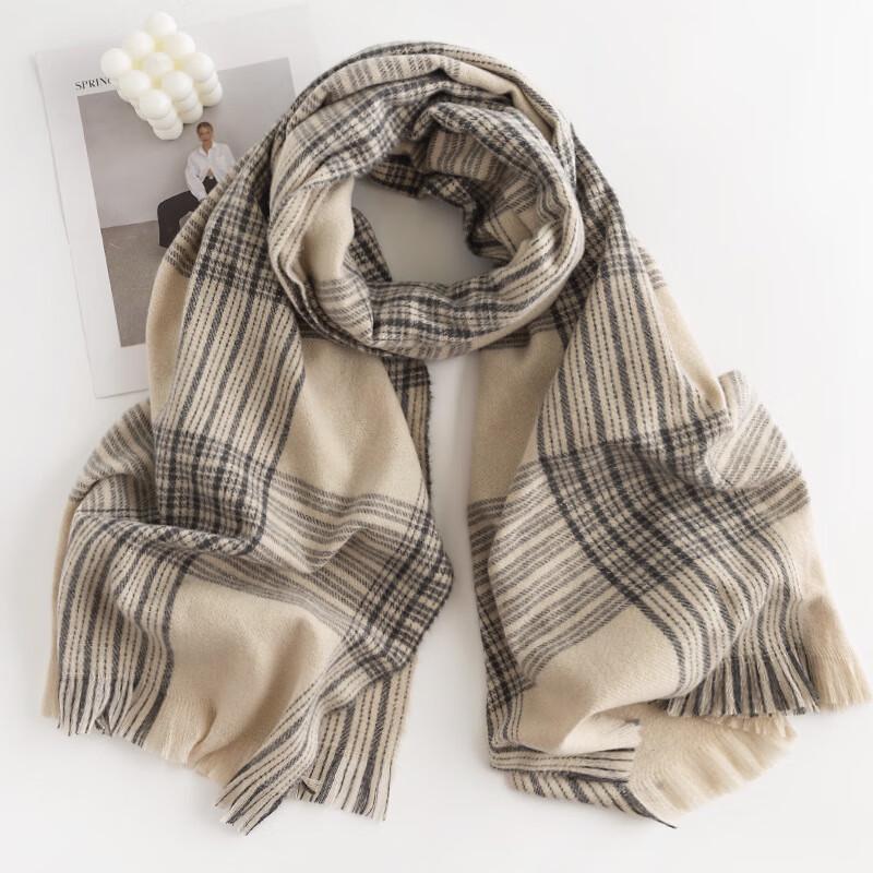 Beige Plaid Stripe Imitation Cashmere Scarf Shawl