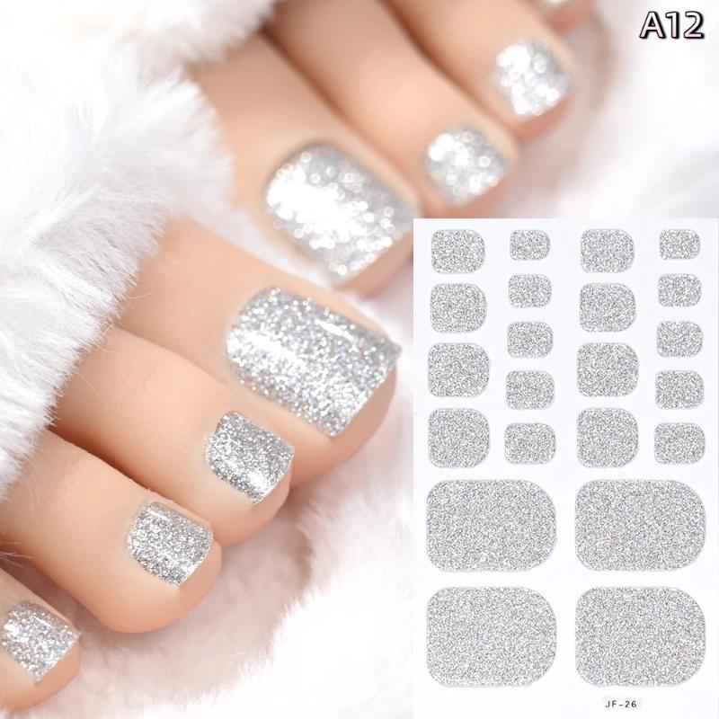 22Pcs/Sheet Toe Nail Sticker Wraps Baking Free Simple Solid Color Glitter Full Cover Toenail Polish Strips Waterproof