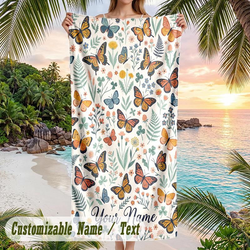 Butterflies Floral Frame Theme Quick Dry Beach Towel Custom Name Text Print Large Sand Resistant Towel Beach Vacation