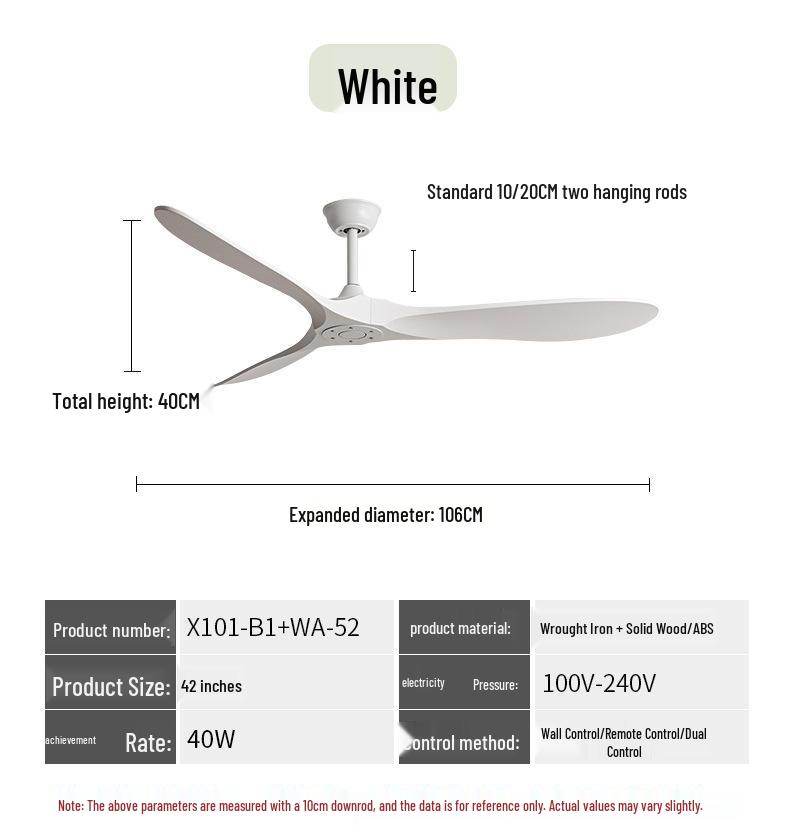 Variable Frequency Ceiling Fan with Light and Remote Control, Solid Wood Blades, for Living Room, Dining Room, Bedroom