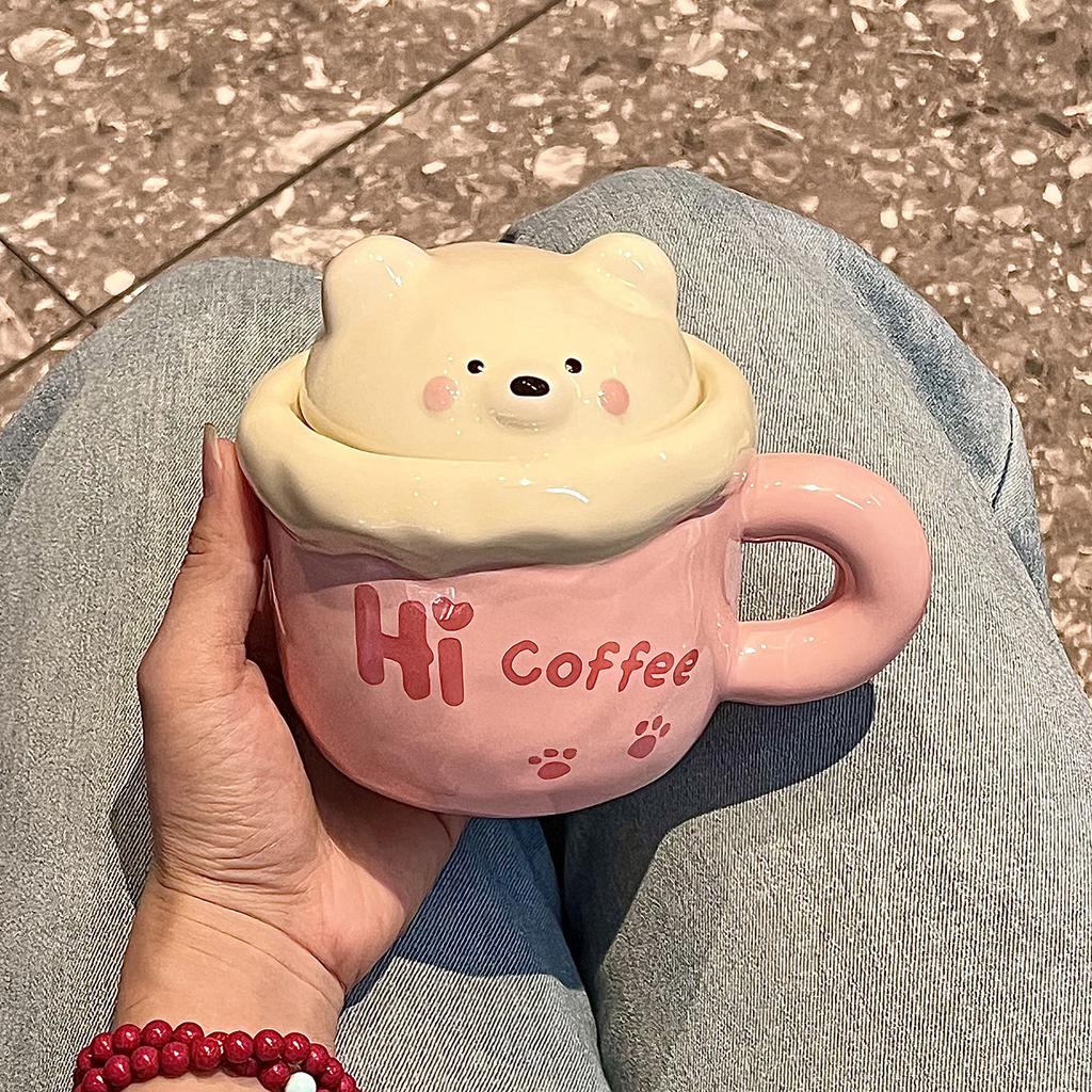 High-value Bear Mug with Lid Spoon, Cute Ceramic Water Cup for Girls' Birthday Gift, Cup Companion Gift