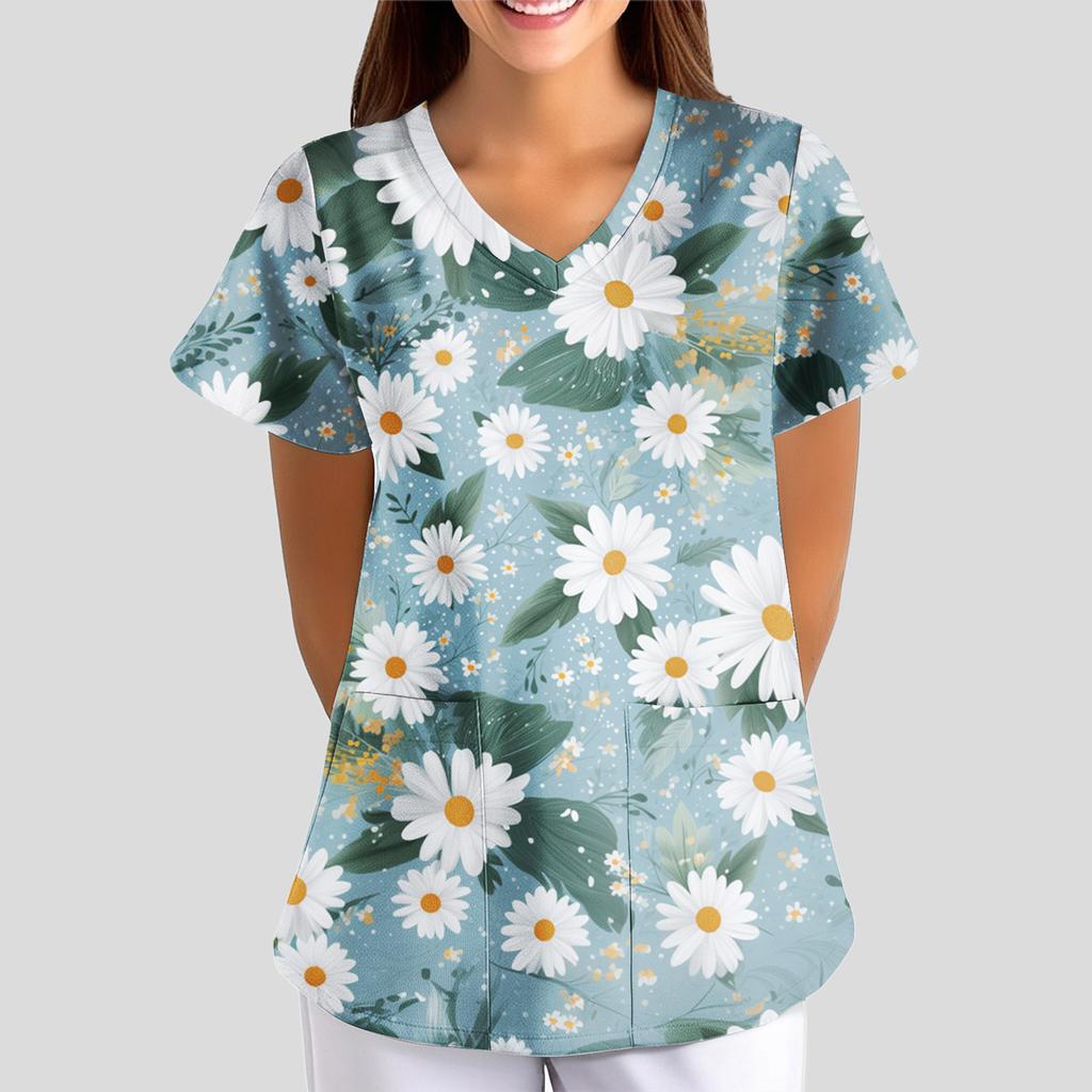 Women's Floral Print Loose V-neck Short-sleeved Uniform/ Uniform