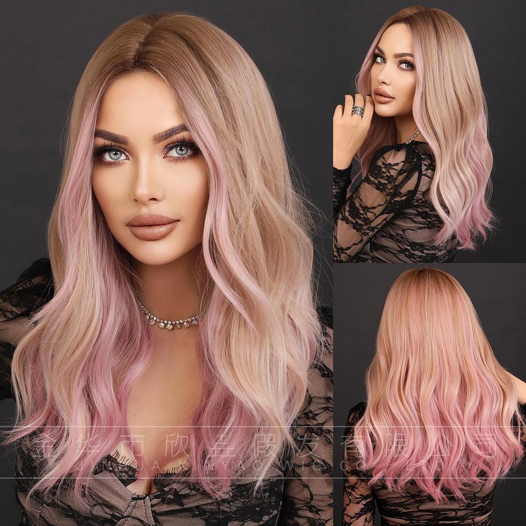 Order Wig Pink Gradient Long Curly Hair Big Wave European American Women's Differentiated Fiber Head Cover Ombre