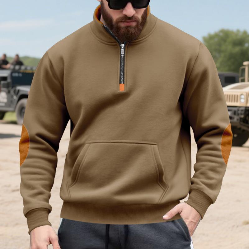 Men's Khaki Half-Zip Pullover Sweatshirt with Contrast Shoulder Patch
