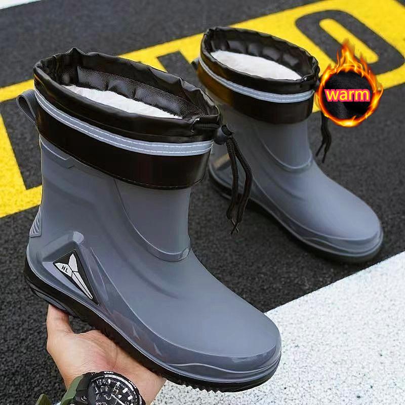 Fashion Short-tube Waterproof Shoes Men's Rain Boots Low-cut Warm Work Rubber Shoes Non-slip Fishing Kitchen Rain Boots Men
