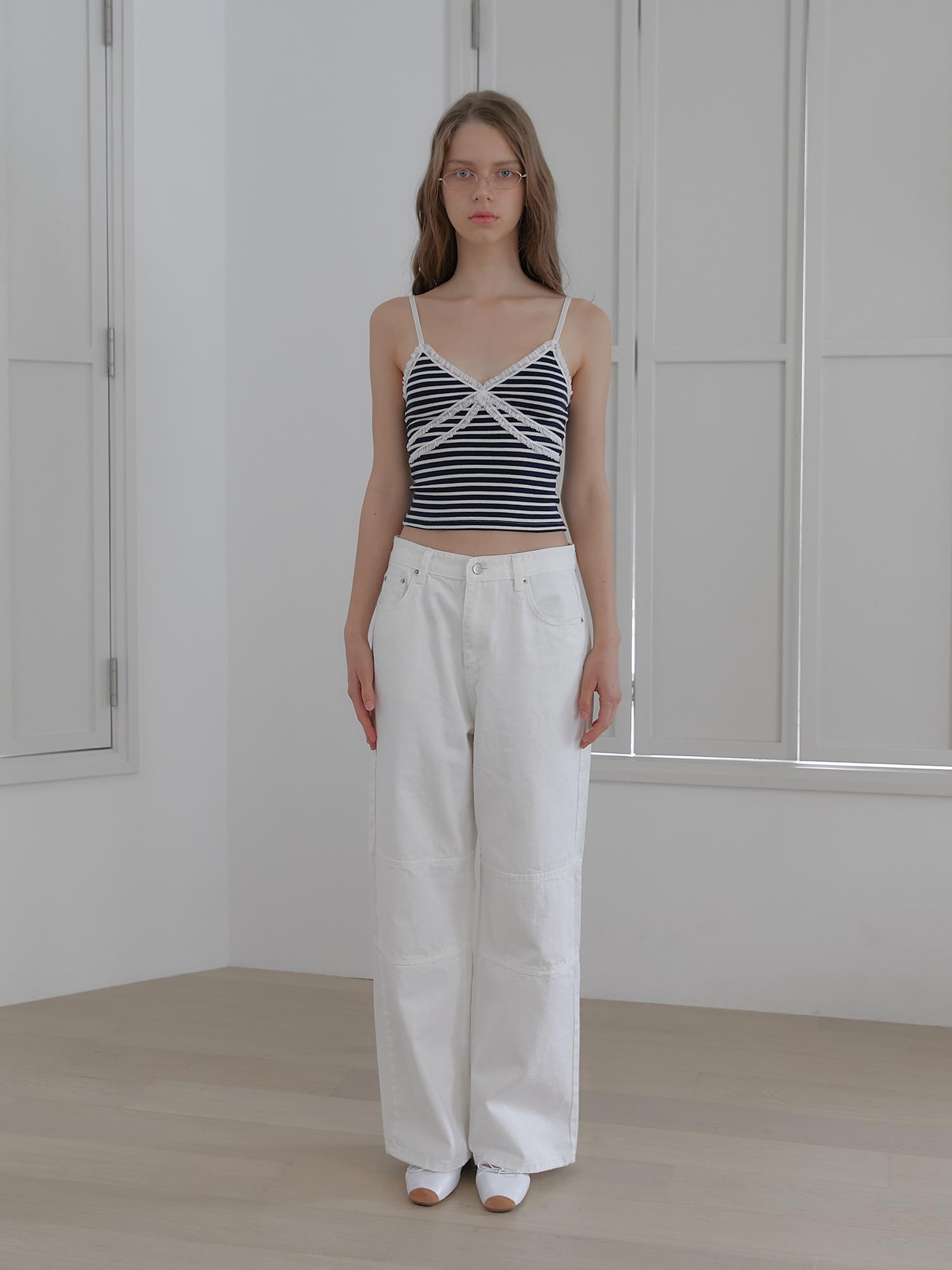 Heatherment Striped Double Lace Camisole (Navy White) Navy-White/Os