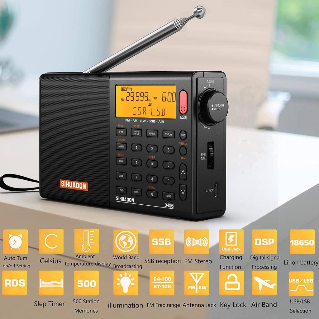 SIHUADON Portable High Easy Japanese Instruction Manual Included D-808 Radio, FM/AM/SW/LW/Air Band, SSB/BCL/DSP/RDS, Sensitivity, Compact,
