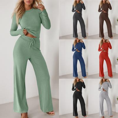 Conjunto esportivo feminino casual curto top calças compridas cor sólida conjunto de duas peças manga comprida